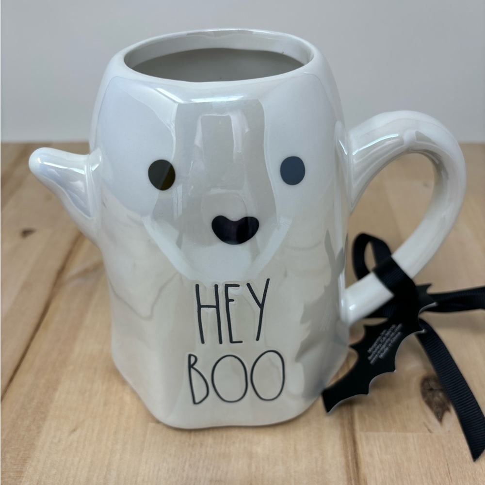 Rae Dunn HEY BOO Iridescent Mug White Ceramic with Black Lettering New Halloween